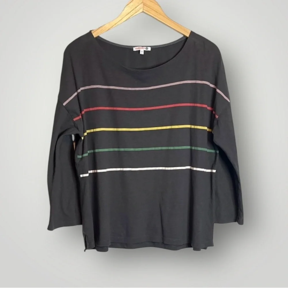 Sundry Striped Pullover Top Size Large 3/4 Sleeve Gray 100% Cotton EUC - Picture 2 of 8